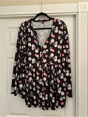Polka Dot Long-Sleeve Peplum Top - Black with White & Coral Dots
